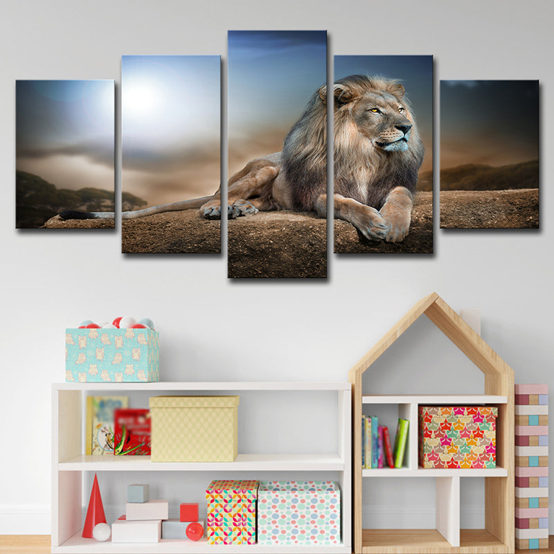 Wild Beast Lion Wall Art Print Contemporary Multi-Piece Canvas in Brown and Blue