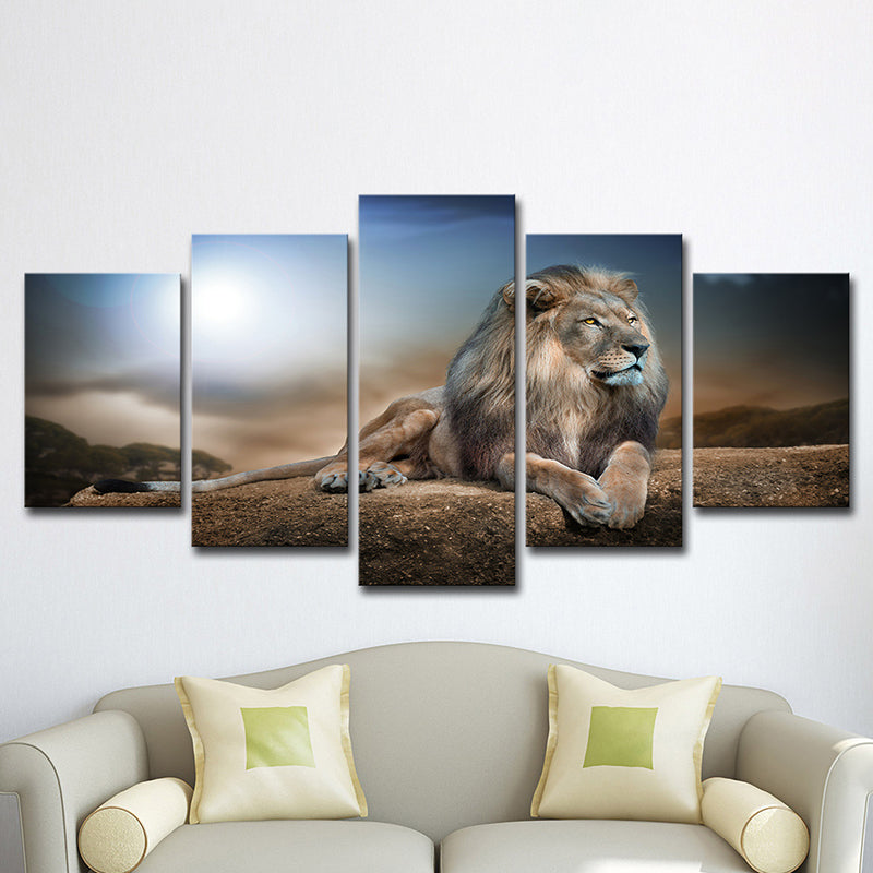 Wild Beast Lion Wall Art Print Contemporary Multi-Piece Canvas in Brown and Blue