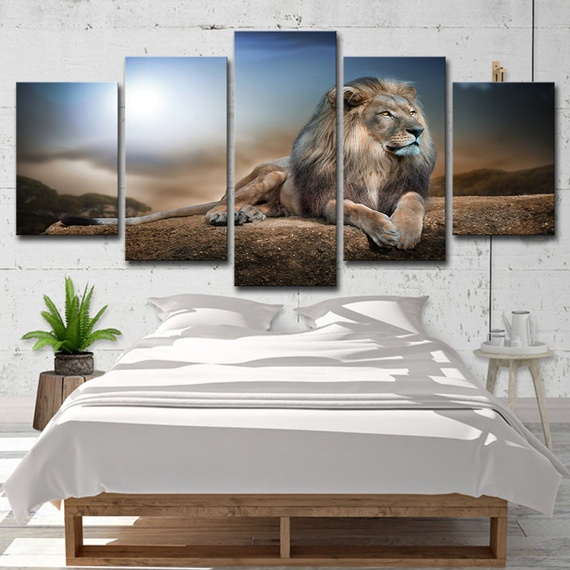 Wild Beast Lion Wall Art Print Contemporary Multi-Piece Canvas in Brown and Blue