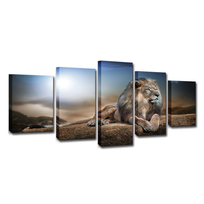 Wild Beast Lion Wall Art Print Contemporary Multi-Piece Canvas in Brown and Blue