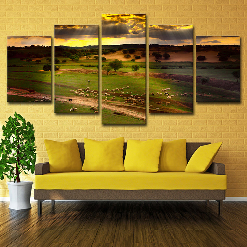 Green Sunset Meadow View Canvas Sheep Herds Contemporary Multi-Piece Wall Art Print