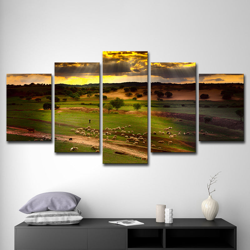 Green Sunset Meadow View Canvas Sheep Herds Contemporary Multi-Piece Wall Art Print