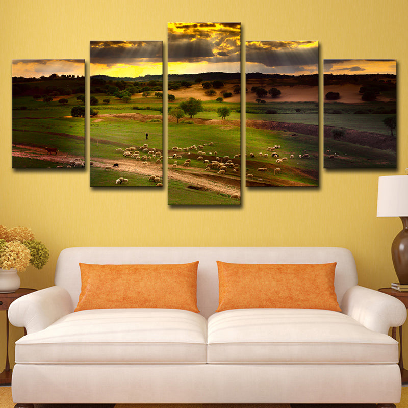 Green Sunset Meadow View Canvas Sheep Herds Contemporary Multi-Piece Wall Art Print