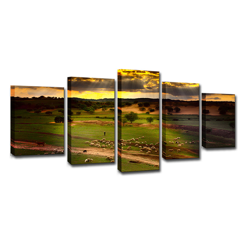 Green Sunset Meadow View Canvas Sheep Herds Contemporary Multi-Piece Wall Art Print