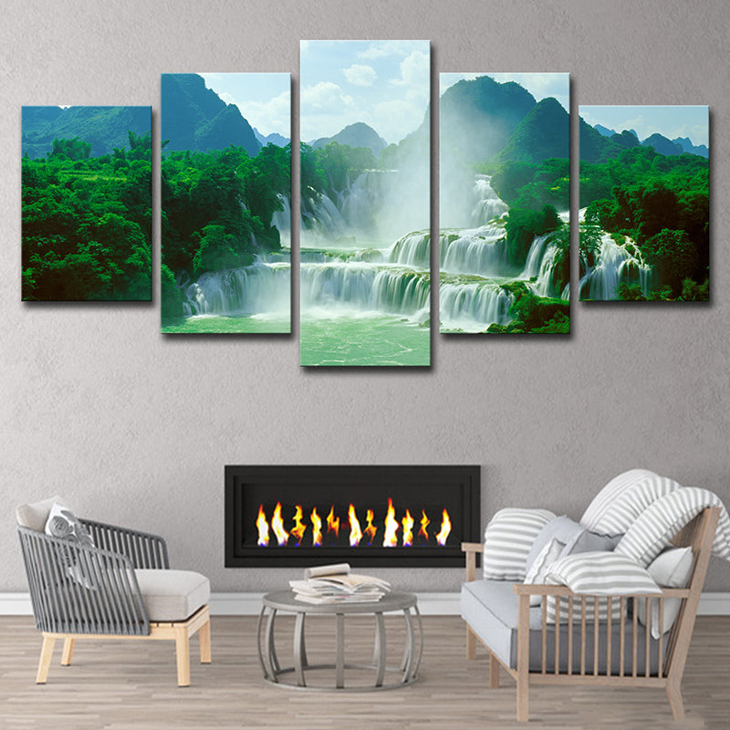 Waterfall Wall Art Print in Green Canvas Wall Decoration for Living Room, Multi-Piece