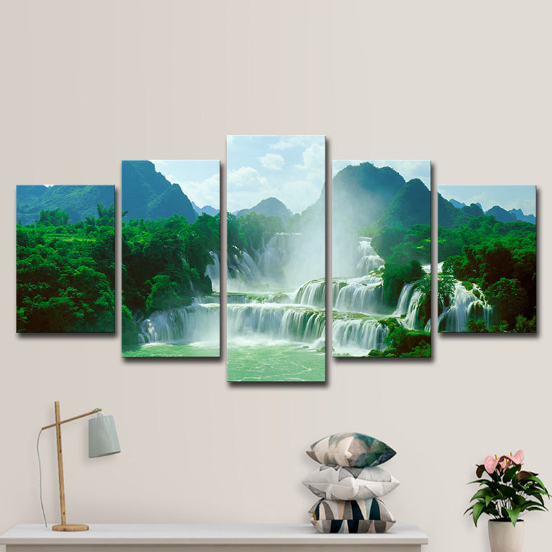 Waterfall Wall Art Print in Green Canvas Wall Decoration for Living Room, Multi-Piece