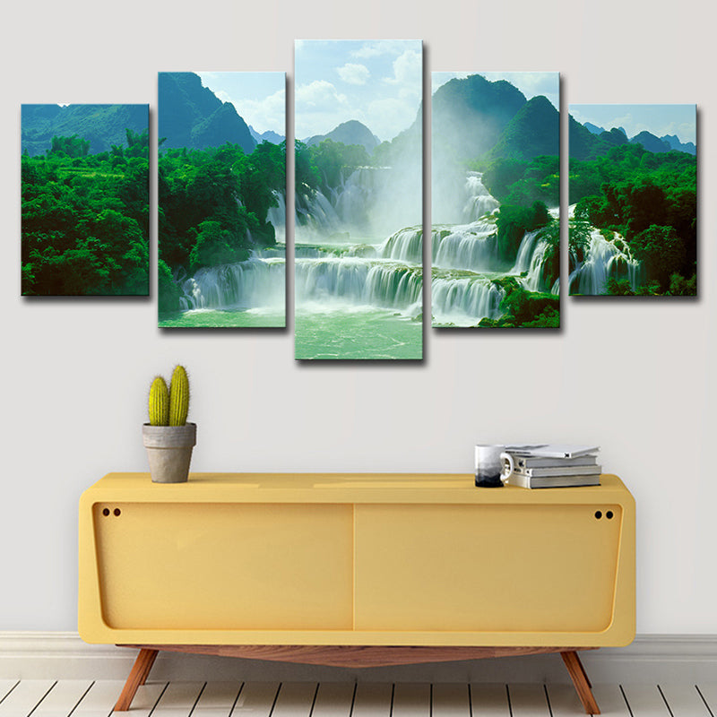 Waterfall Wall Art Print in Green Canvas Wall Decoration for Living Room, Multi-Piece