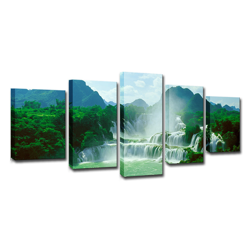 Waterfall Wall Art Print in Green Canvas Wall Decoration for Living Room, Multi-Piece