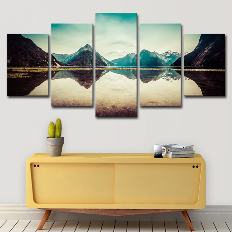 Multi-Piece Milford Sound Scenery Art Print Contemporary Canvas Wall Decor in Light Blue