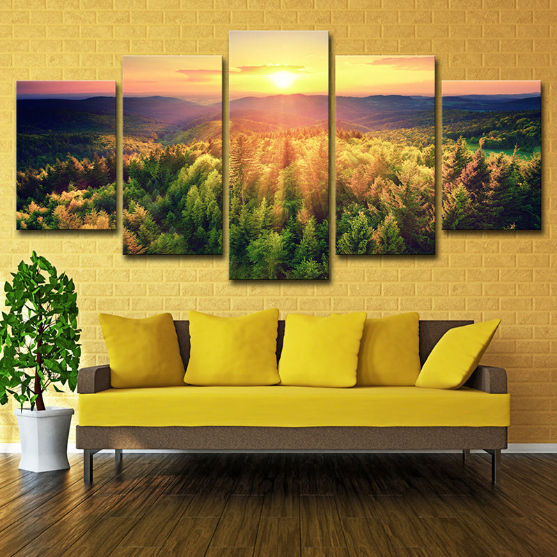 Dusk Sunshine over Forest Canvas Multi-Piece Contemporary Living Room Wall Art Print