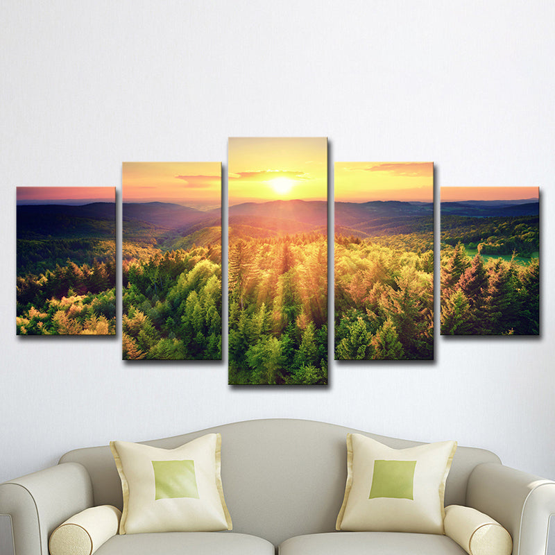 Dusk Sunshine over Forest Canvas Multi-Piece Contemporary Living Room Wall Art Print