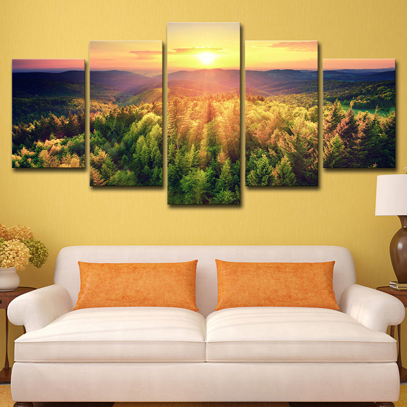 Dusk Sunshine over Forest Canvas Multi-Piece Contemporary Living Room Wall Art Print