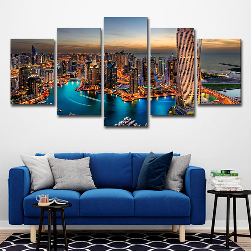 Metropolis Night View Wall Art Print Brown Canvas Wall Decor for Home, Multi-Piece