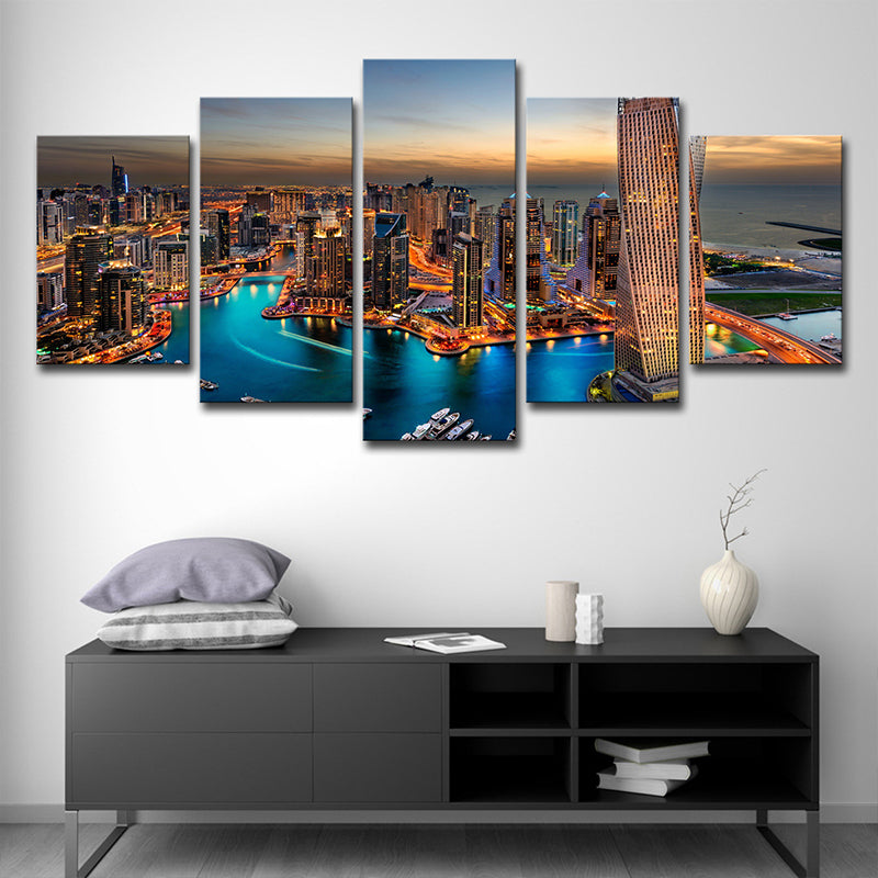 Metropolis Night View Wall Art Print Brown Canvas Wall Decor for Home, Multi-Piece