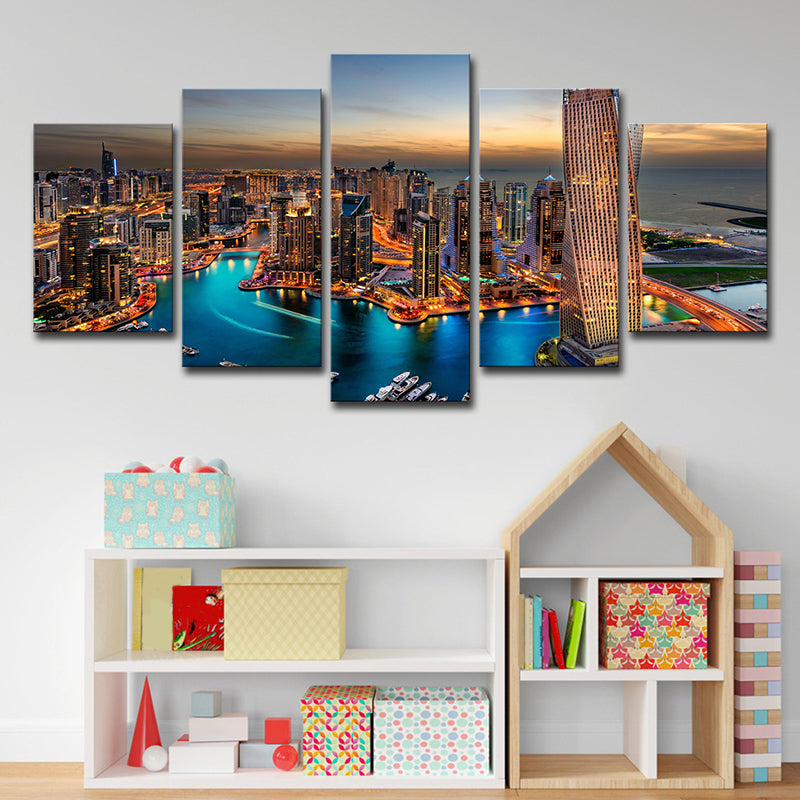 Metropolis Night View Wall Art Print Brown Canvas Wall Decor for Home, Multi-Piece