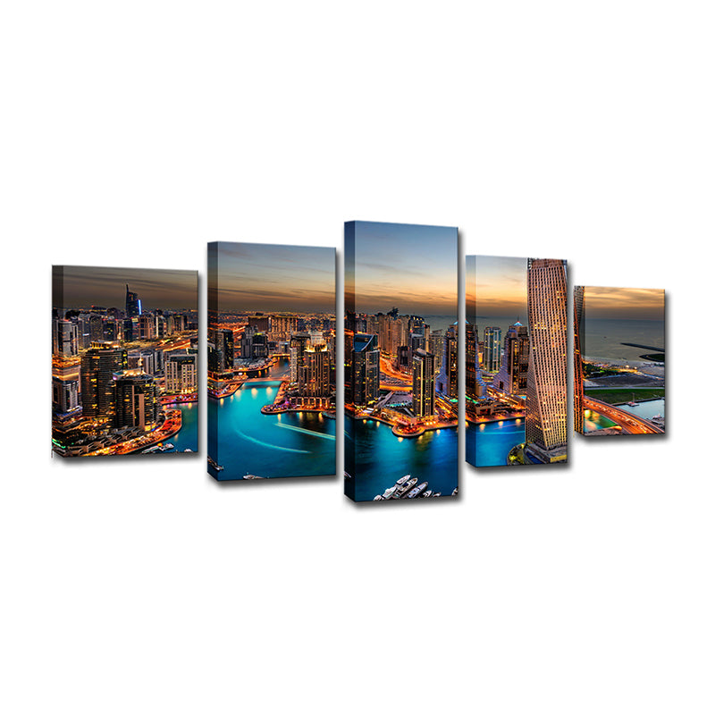 Metropolis Night View Wall Art Print Brown Canvas Wall Decor for Home, Multi-Piece