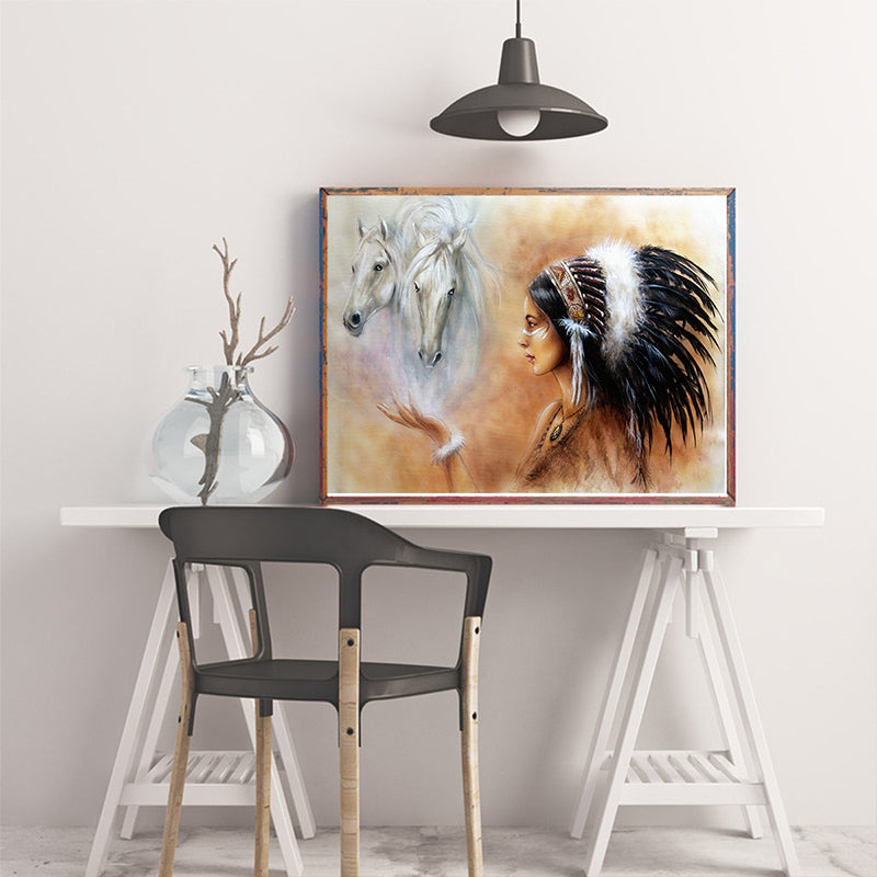 Canvas Textured Wall Art Modern Indian Woman and Horse Painting in Orange and White