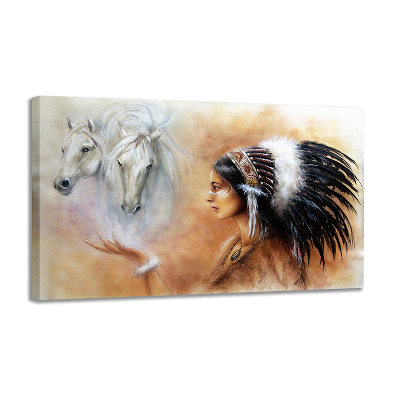 Canvas Textured Wall Art Modern Indian Woman and Horse Painting in Orange and White