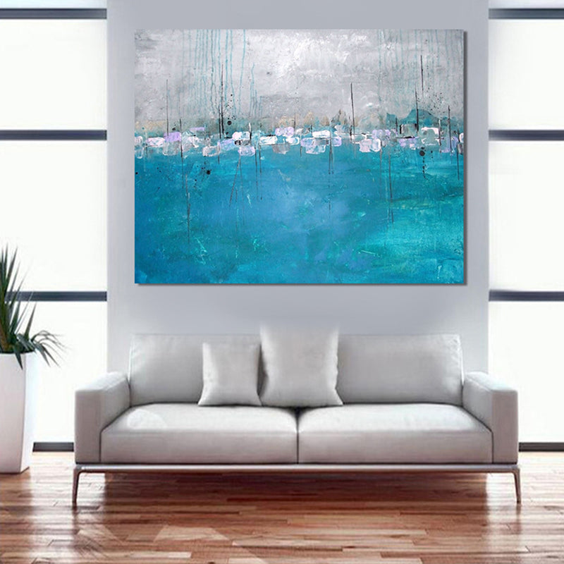 Blue-Grey Minimalism Painting Abstract Canvas Wall Art for Living Room, Textured Surface