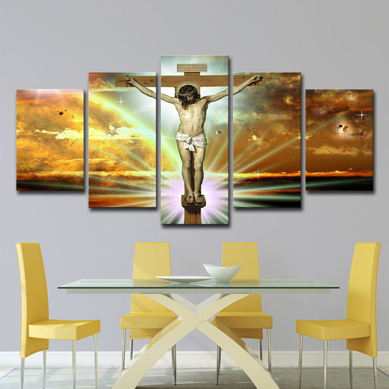 Religion Wall Art Orange Canvas the Crucifixion and Death of Jesus Painting, Multi-Piece