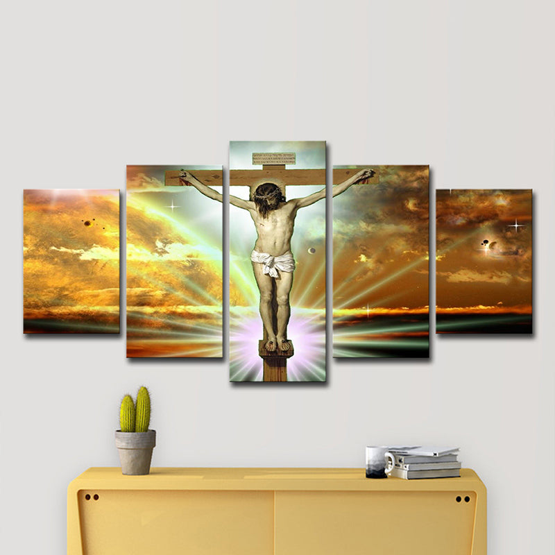 Religion Wall Art Orange Canvas the Crucifixion and Death of Jesus Painting, Multi-Piece