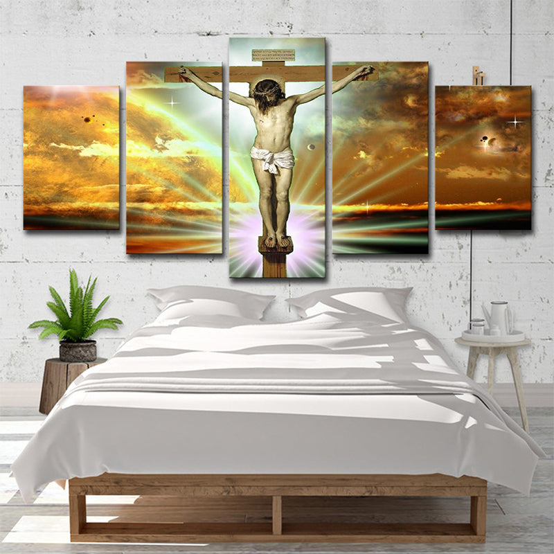 Religion Wall Art Orange Canvas the Crucifixion and Death of Jesus Painting, Multi-Piece