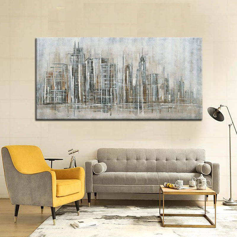 Brown City View Wall Art Decor Textured Contemporary Living Room Canvas Painting