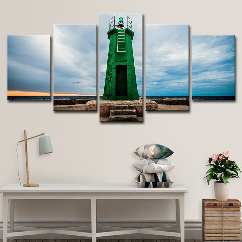 Green Lighthouse Wall Art Spain Denia Cruise Port Modern Multi-Piece Canvas Print for Hotel