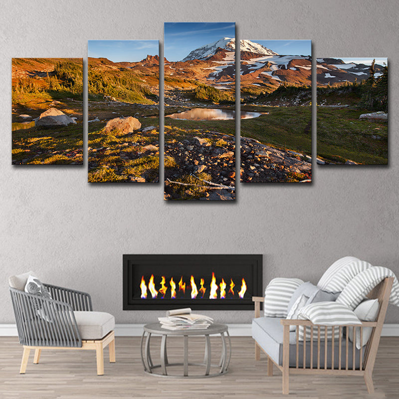 Canvas Brown Wall Decor Modern Snow Melting Mount Rainier Scenery Art Print for Family Room