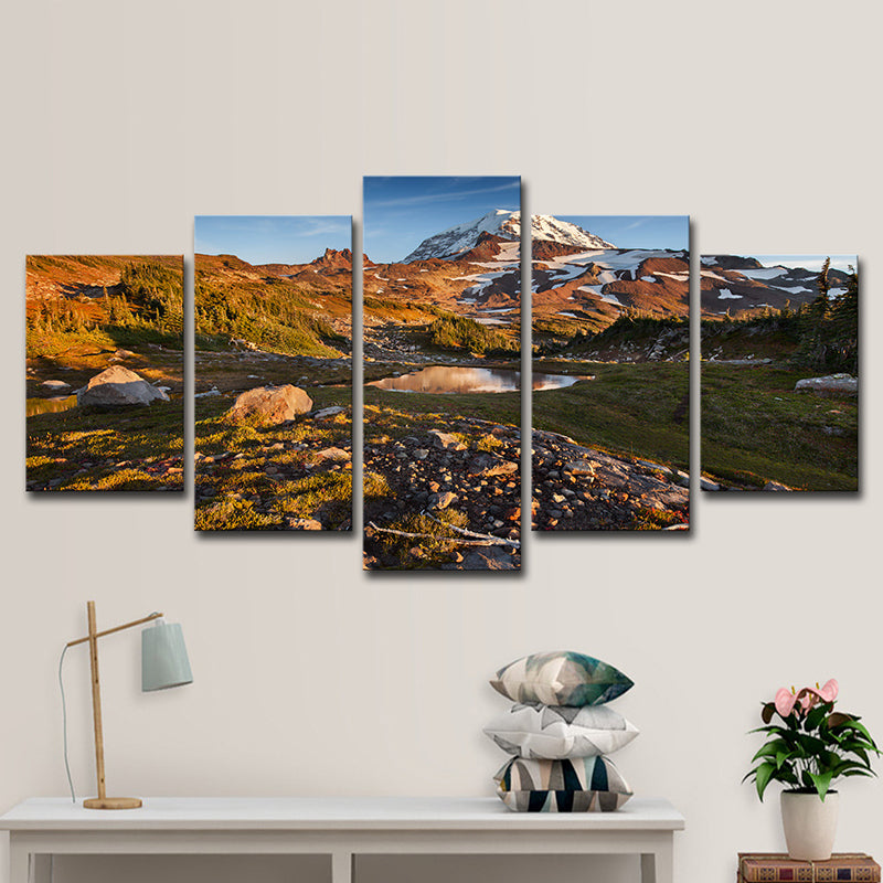 Canvas Brown Wall Decor Modern Snow Melting Mount Rainier Scenery Art Print for Family Room