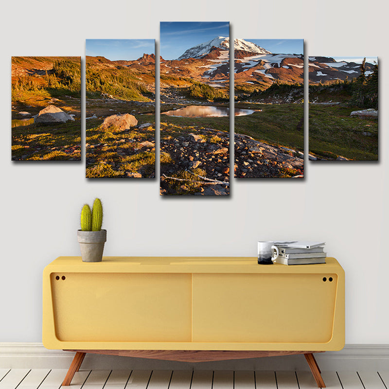 Canvas Brown Wall Decor Modern Snow Melting Mount Rainier Scenery Art Print for Family Room