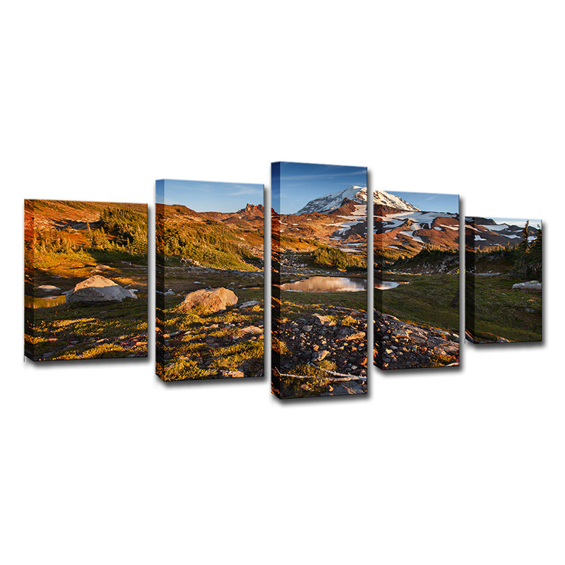 Canvas Brown Wall Decor Modern Snow Melting Mount Rainier Scenery Art Print for Family Room