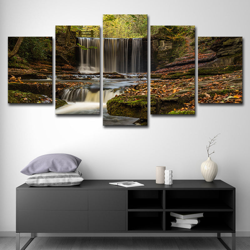 Forest Cascade Scenery Wall Art in Brown Canvas Made Wall Decoration, Multi-Piece