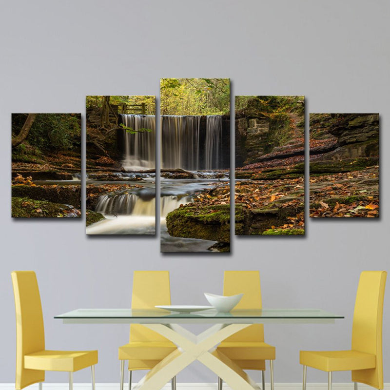 Forest Cascade Scenery Wall Art in Brown Canvas Made Wall Decoration, Multi-Piece