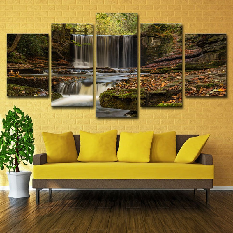 Forest Cascade Scenery Wall Art in Brown Canvas Made Wall Decoration, Multi-Piece