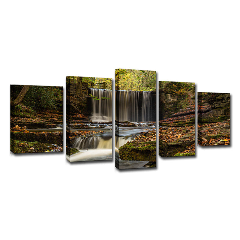 Forest Cascade Scenery Wall Art in Brown Canvas Made Wall Decoration, Multi-Piece