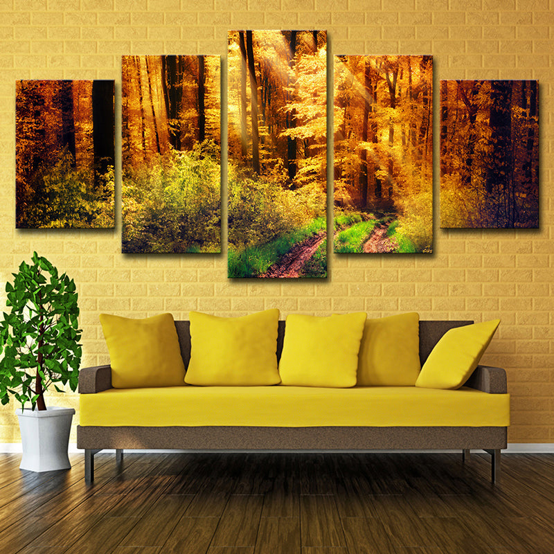 Tree Wall Art Modern Nostalgic Forest Landscape Canvas Print in Yellow and Green