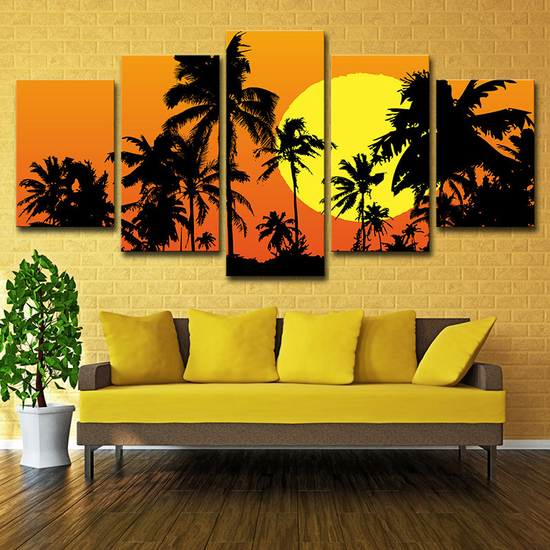 Canvas Orange Art Print Tropical Super Moon Night with Palm Tree Shadows Wall Decor