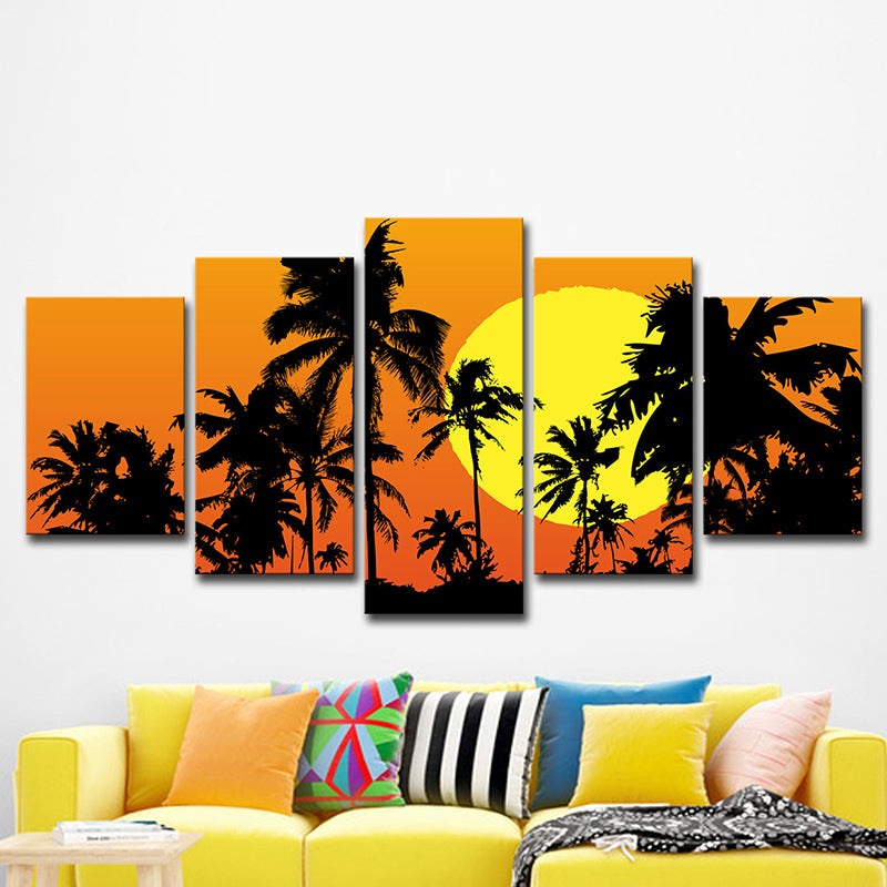 Canvas Orange Art Print Tropical Super Moon Night with Palm Tree Shadows Wall Decor