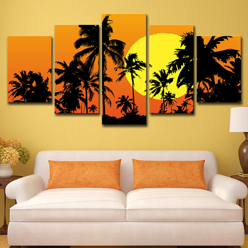 Canvas Orange Art Print Tropical Super Moon Night with Palm Tree Shadows Wall Decor