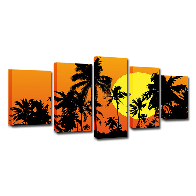 Canvas Orange Art Print Tropical Super Moon Night with Palm Tree Shadows Wall Decor