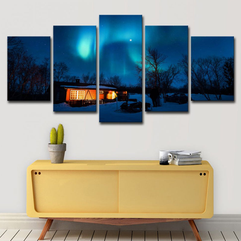 Photography Modern Wall Art Decor with Night Cabin and Polar Light Scenery in Dark Blue