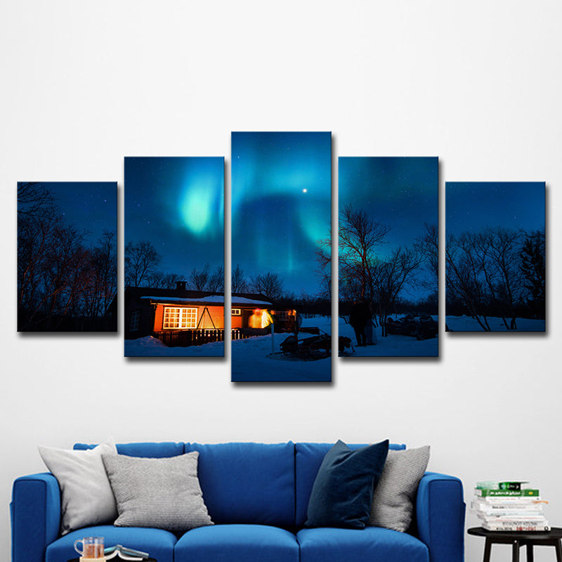 Photography Modern Wall Art Decor with Night Cabin and Polar Light Scenery in Dark Blue