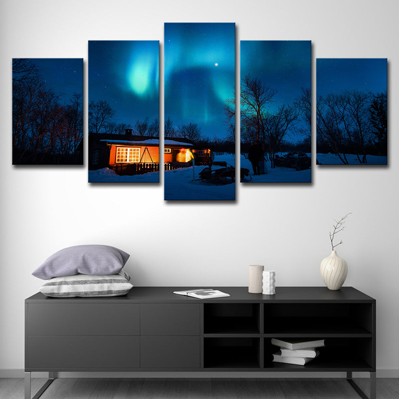 Photography Modern Wall Art Decor with Night Cabin and Polar Light Scenery in Dark Blue