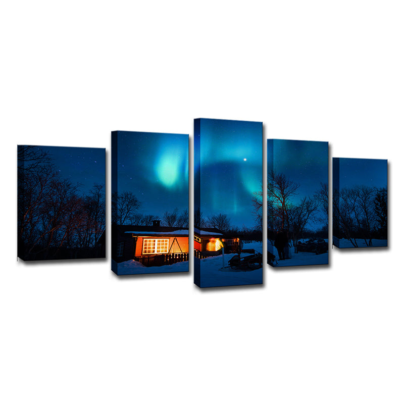 Photography Modern Wall Art Decor with Night Cabin and Polar Light Scenery in Dark Blue