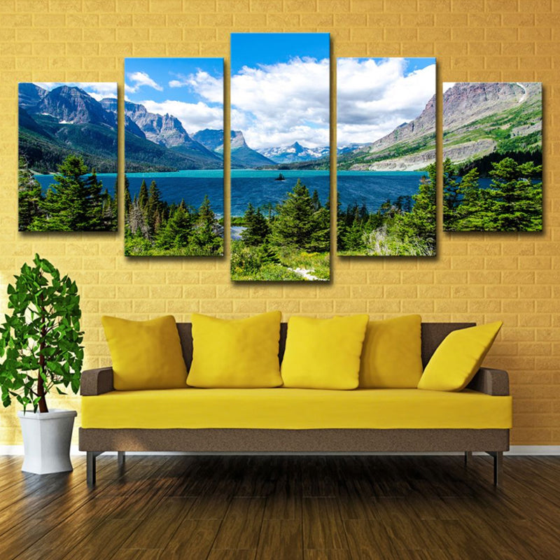 St Mary Lake Scenery Canvas Art Modern Multi-Piece Family Room Wall Decor in Sky Blue