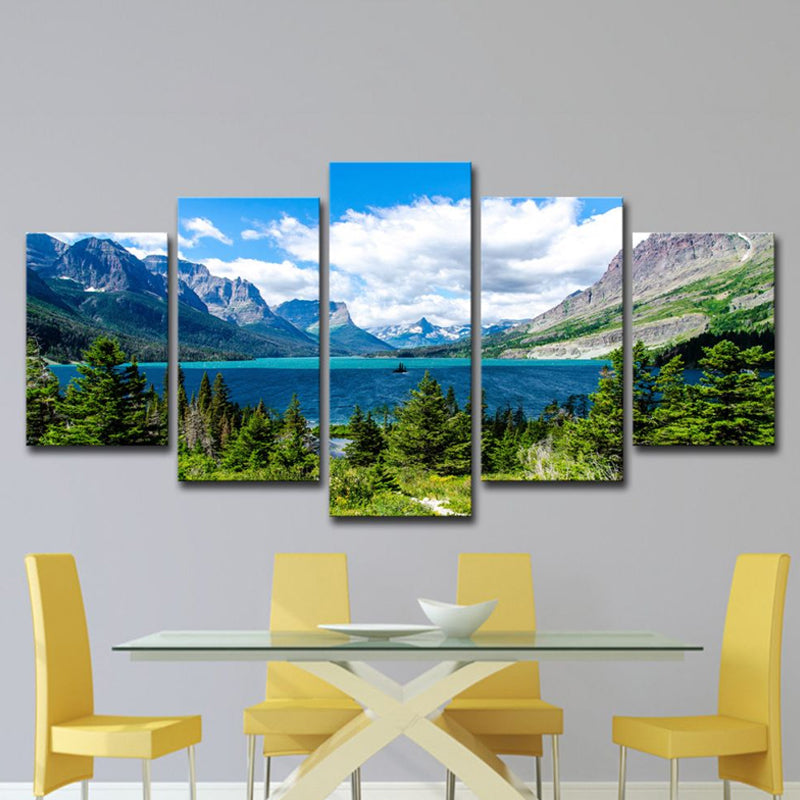 St Mary Lake Scenery Canvas Art Modern Multi-Piece Family Room Wall Decor in Sky Blue