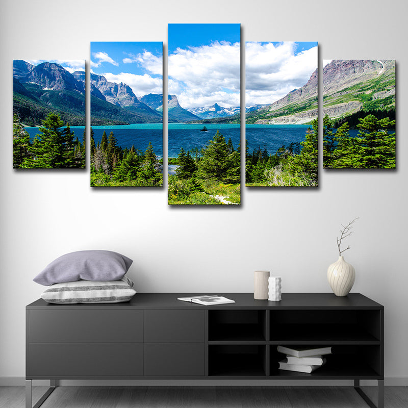 St Mary Lake Scenery Canvas Art Modern Multi-Piece Family Room Wall Decor in Sky Blue