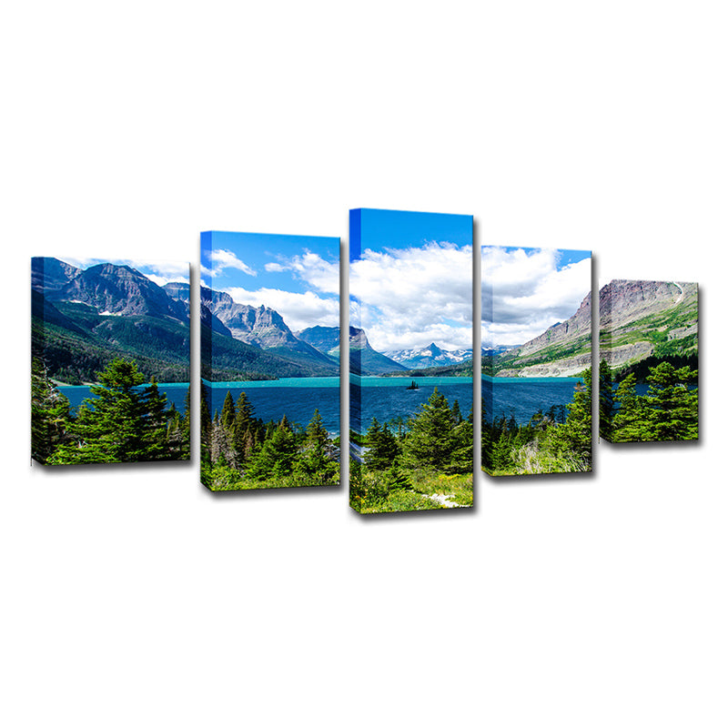 St Mary Lake Scenery Canvas Art Modern Multi-Piece Family Room Wall Decor in Sky Blue