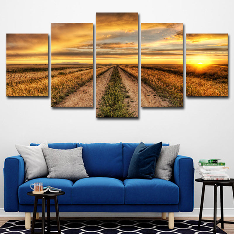 Modern Sunset Farm Lane Art Print Canvas Multi-Piece Yellow Wall Decor for House Interior